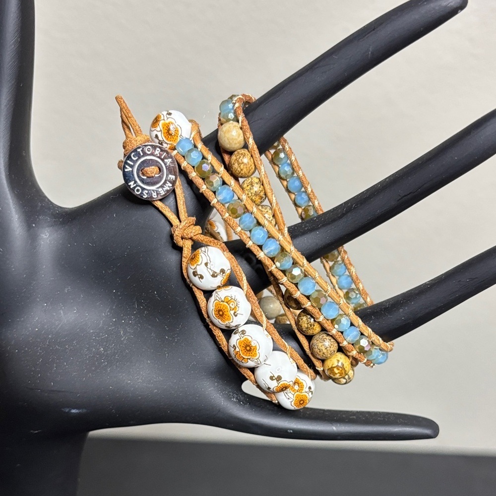 Victoria Emerson Blue, White & Gold Multi-Strand Wrap Bracelet Boho Beach